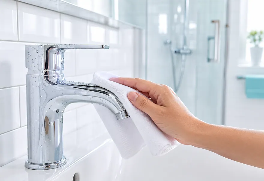 Hand poetst een chromen kraan schoon in de badkamer