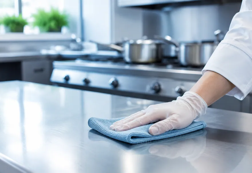 Rvs-werkblad in een professionele keuken wordt schoongeveegd