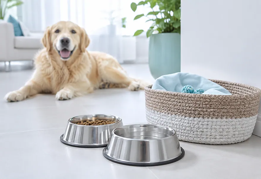 Schone voer- en waterbak en mand van een hond