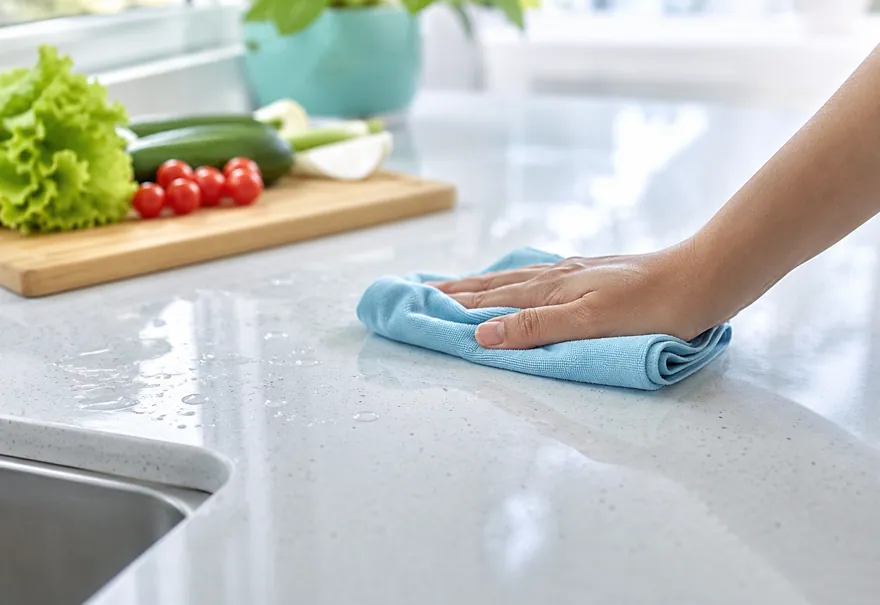Hand veegt met een microvezeldoek een aanrecht schoon in de keuken