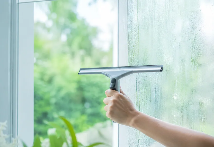 Raam wordt met een trekker streeploos schoongemaakt